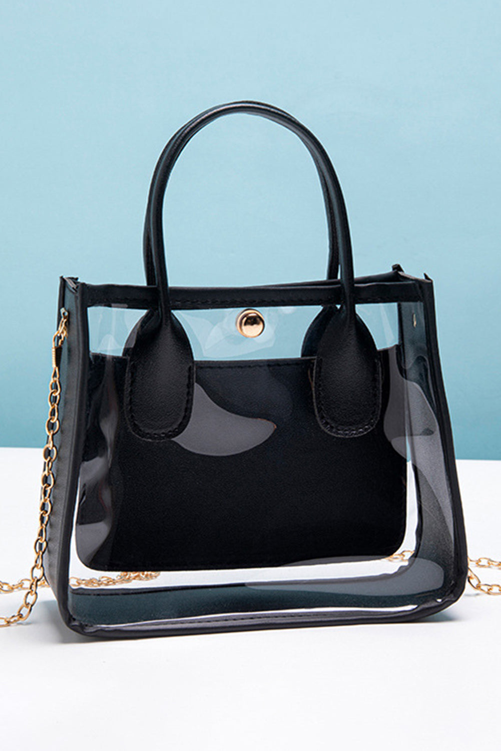 Transparent chestnut PVC PU leather patchwork shoulder bag with chain strap and spacious design
