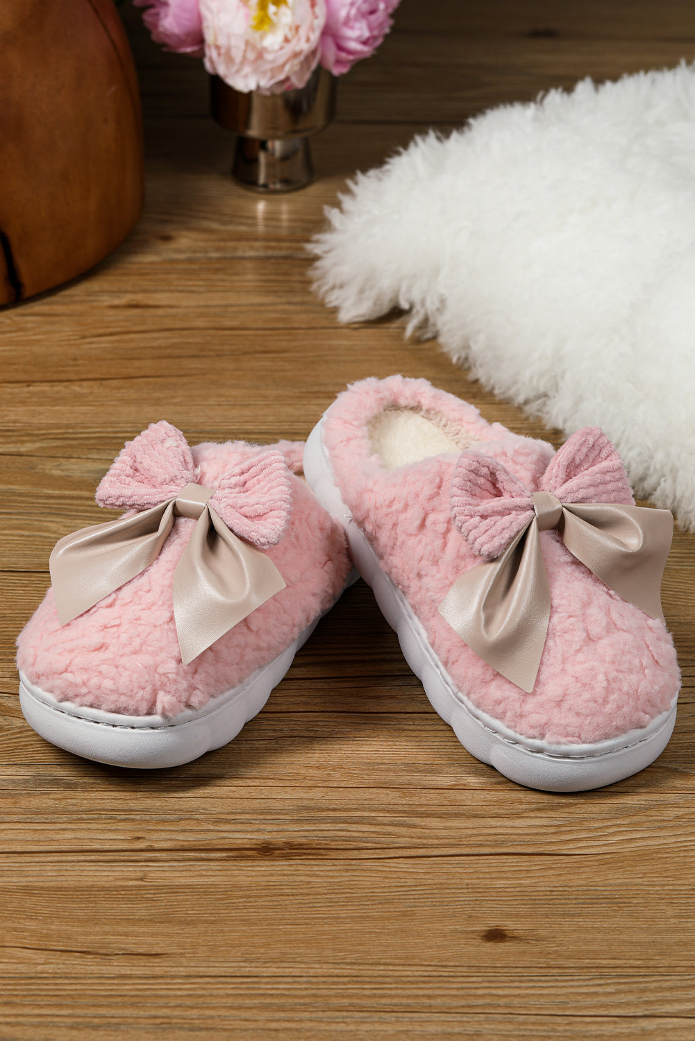 Camel contrast bowknot plush winter slippers with thick sole and cozy design