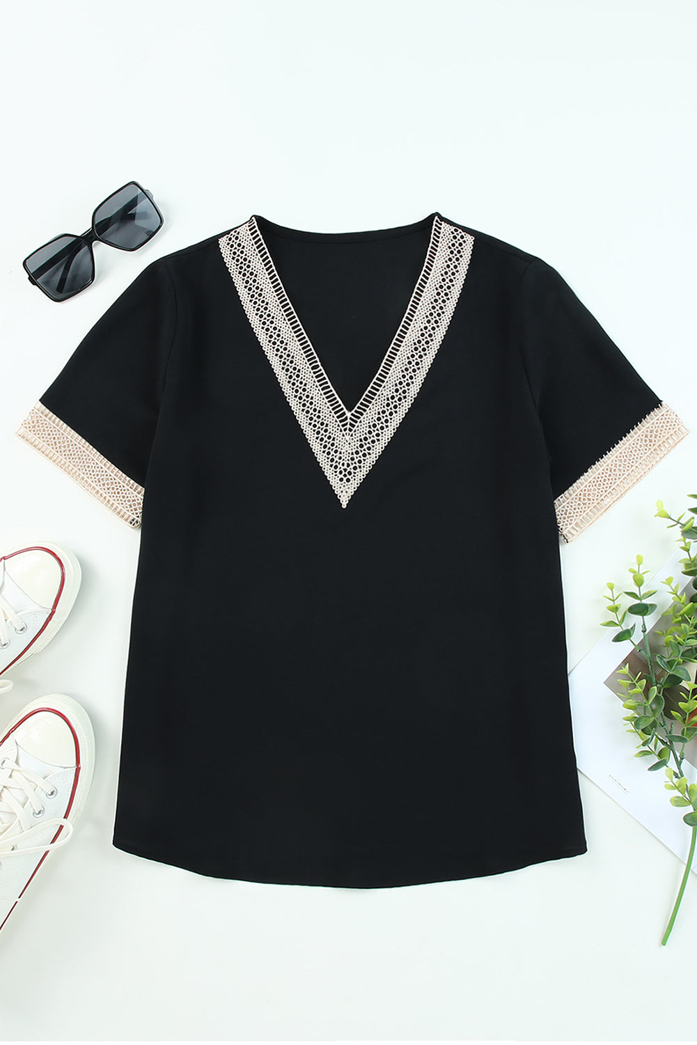 Green lace trim V-neck short sleeve blouse with delicate open-lace details
