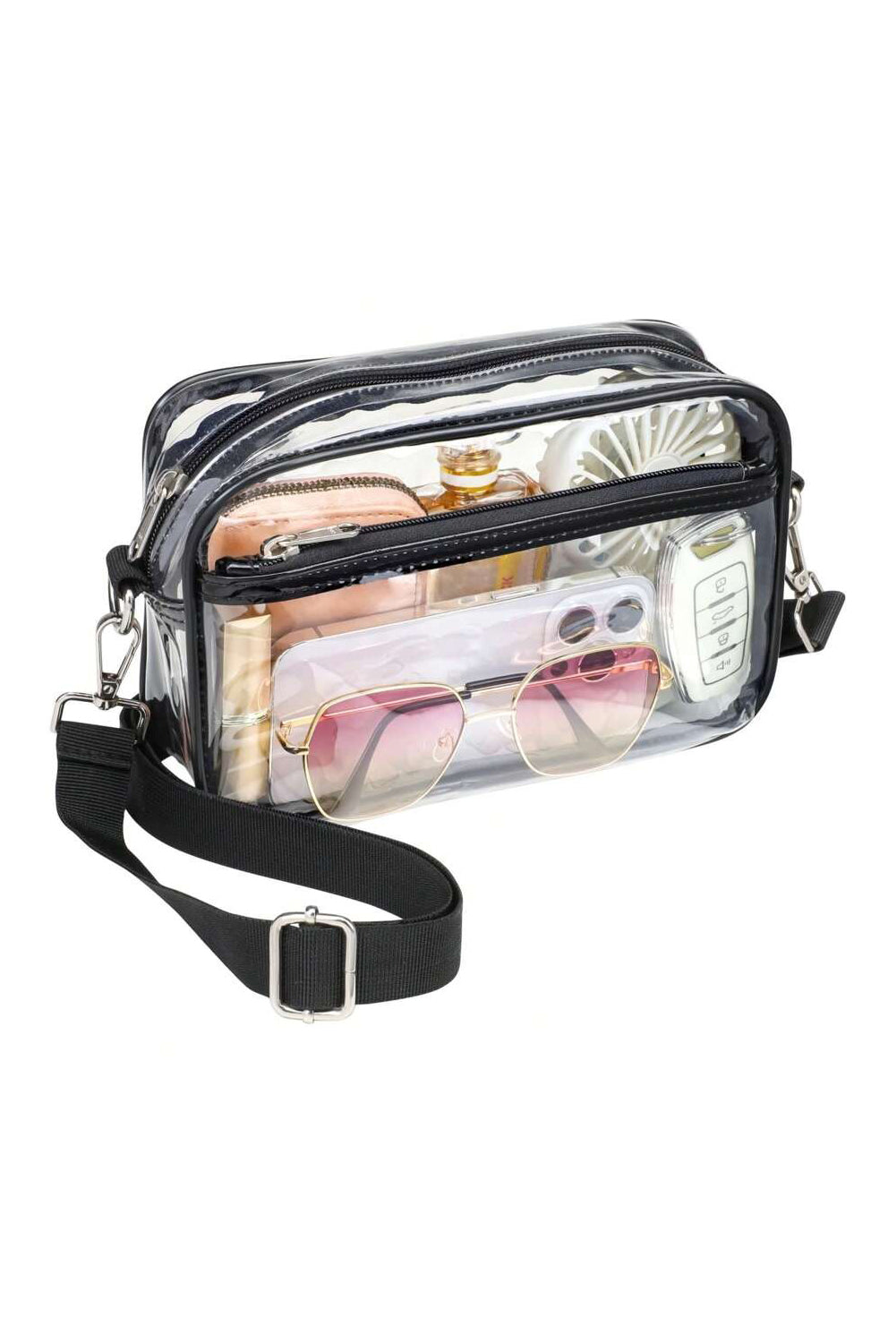Gray multi-pocket clear shoulder bag with contrast edges and detachable strap