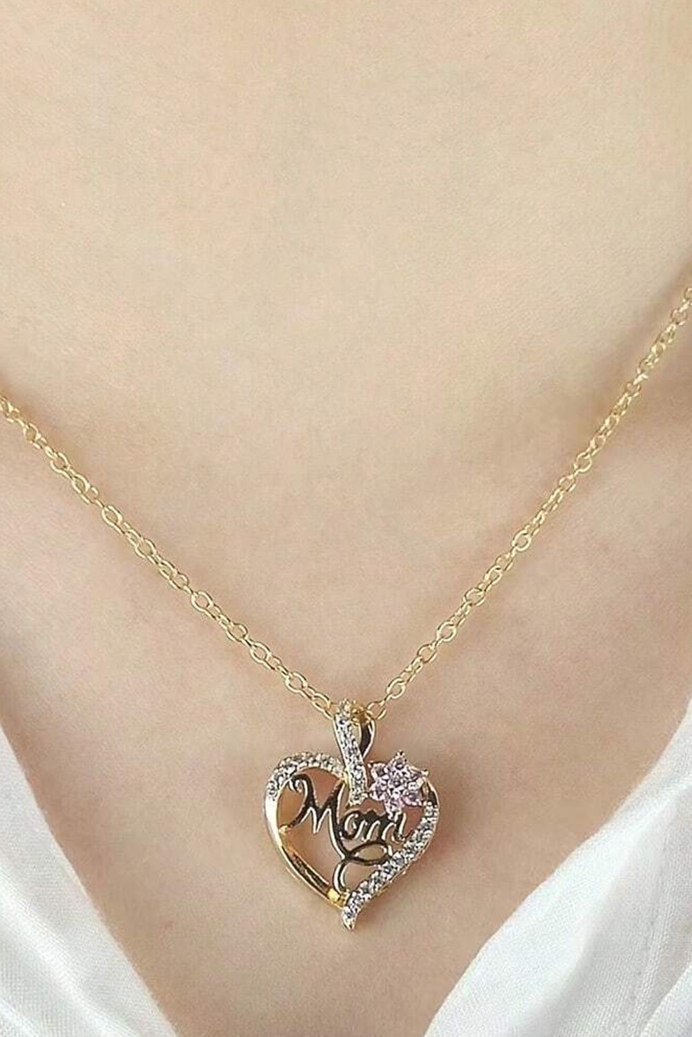 Gold Mom Rhinestone flower necklace with hollow heart design on alloy chain