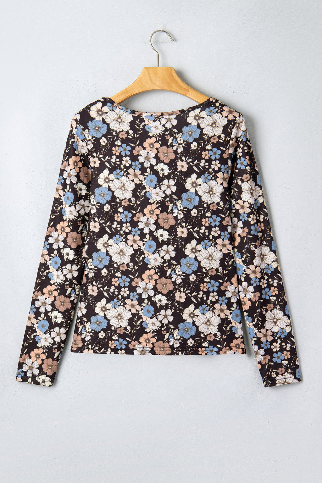 Black floral print slim long sleeve T-shirt with square neckline and trendy design