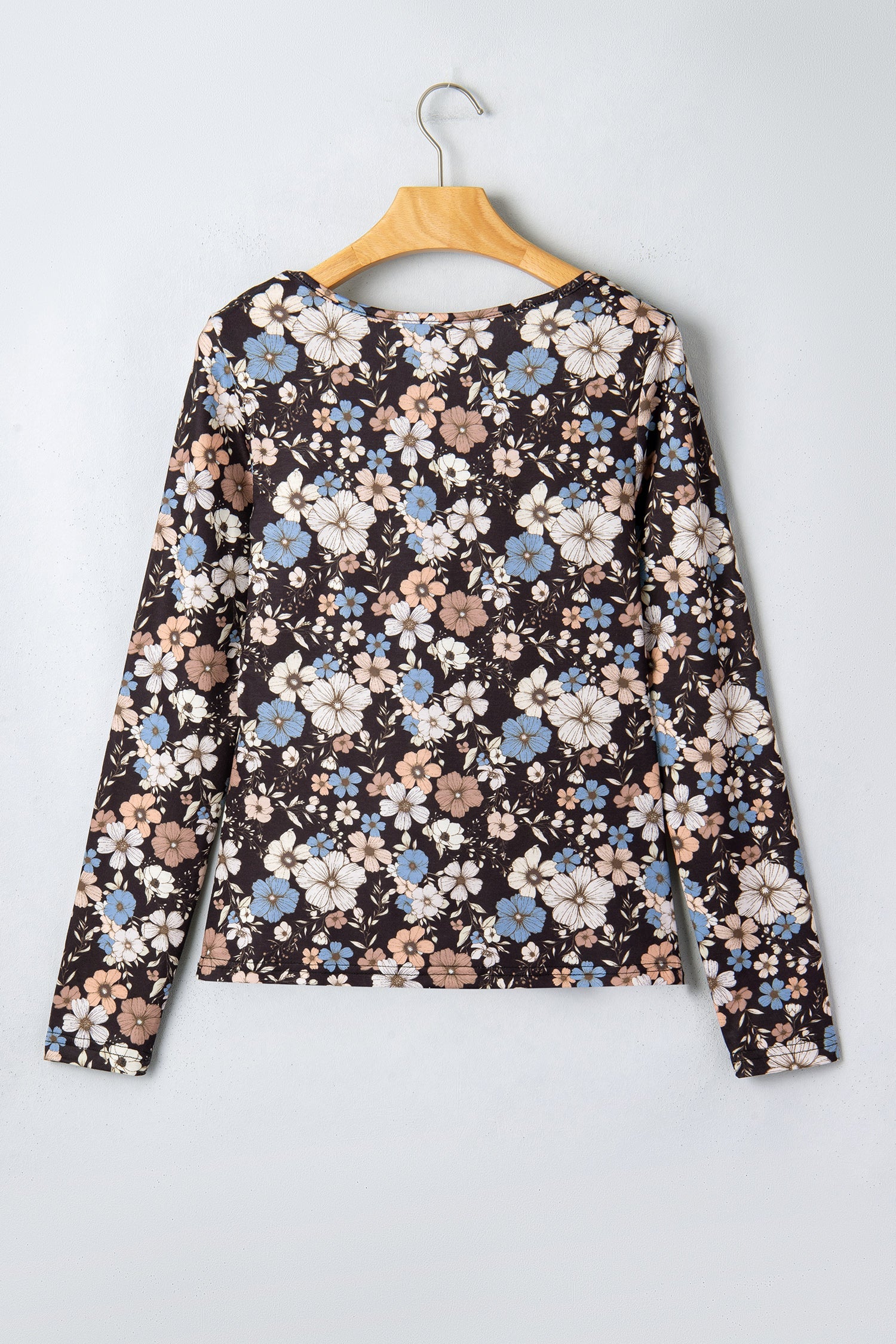 Black floral print slim long sleeve T-shirt with square neckline and trendy design