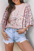 Pink blouse with contrast floral patchwork and flowy half sleeves