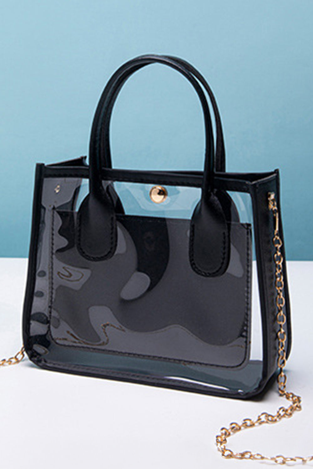Chestnut PVC PU leather patchwork transparent shoulder bag with chain strap and spacious design
