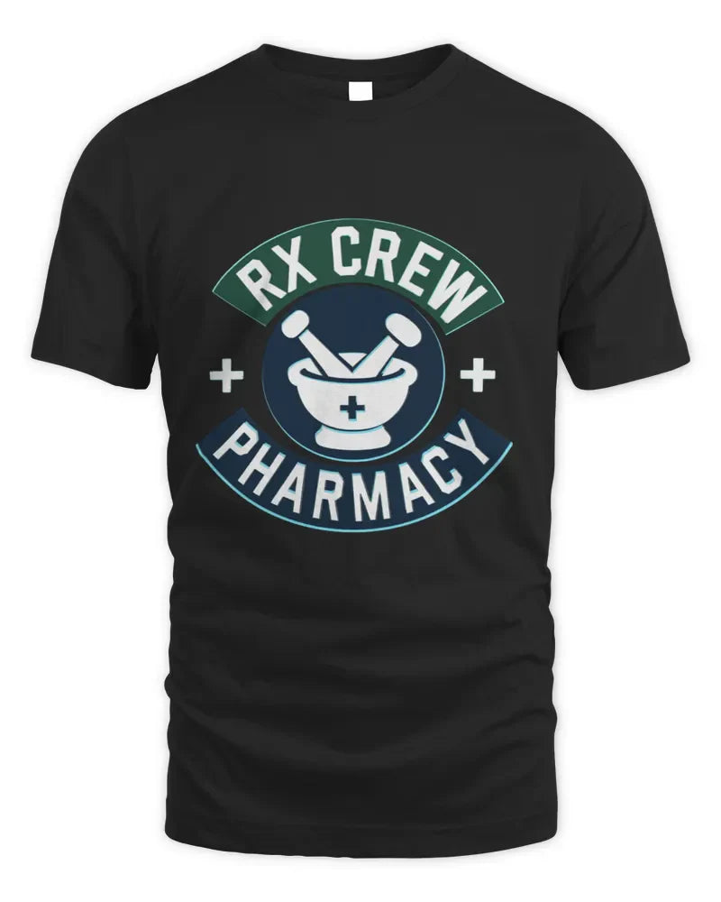 Black unisex standard t-shirt with RX Crew Pharmacy logo and preshrunk cotton blend fabric