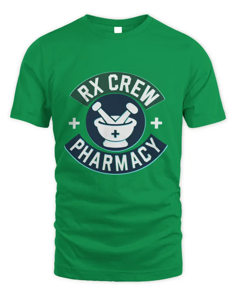 Green unisex standard t-shirt with RX Crew Pharmacy logo and seamless collar design