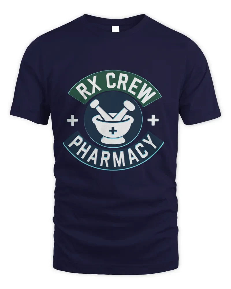 Unisex Standard T-Shirt navy with RX Crew Pharmacy logo, 100% cotton preshrunk, seamless collar, twin needle hems