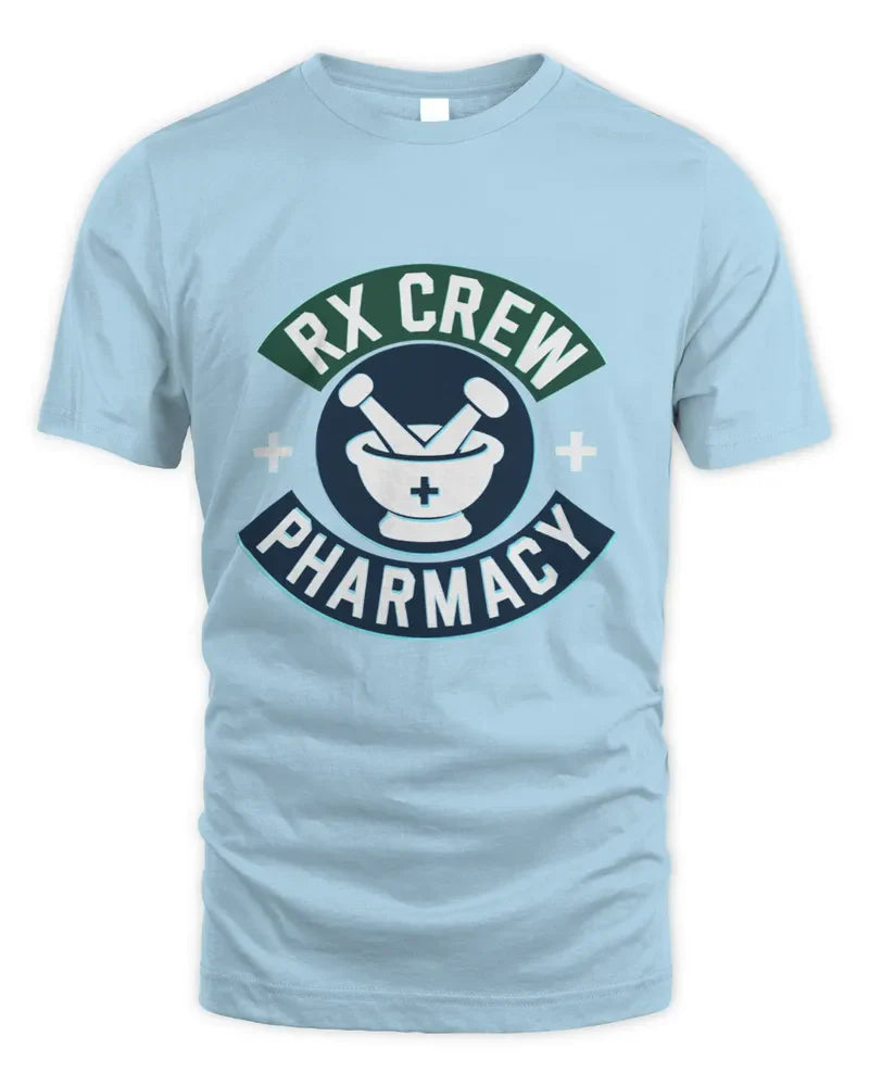 Light blue unisex standard t-shirt with RX Crew Pharmacy logo and comfortable cotton fabric