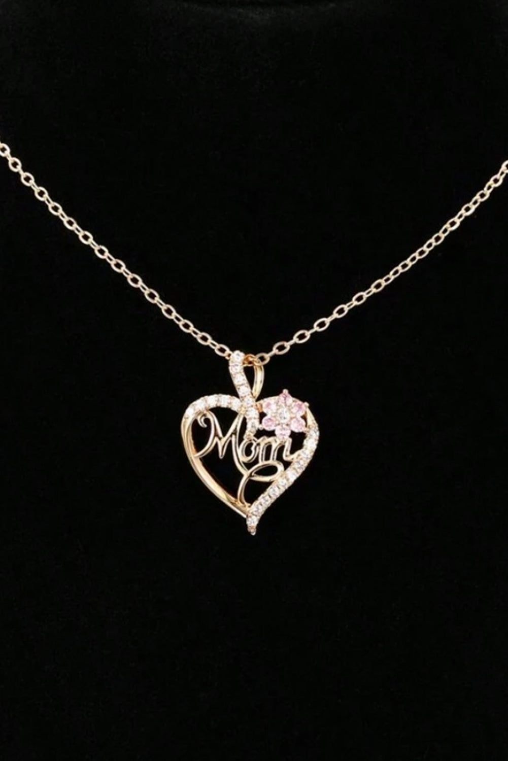 Gold Mom Rhinestone flower necklace with hollow-out heart pendant