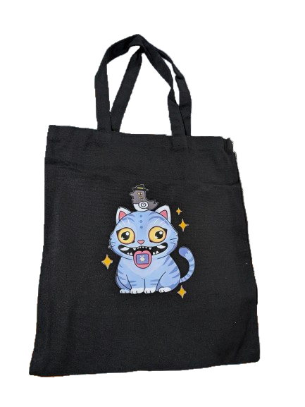 Black canvas tote bag featuring chibi Tiger mascot and bird from K-POP DEMON HUNTERS