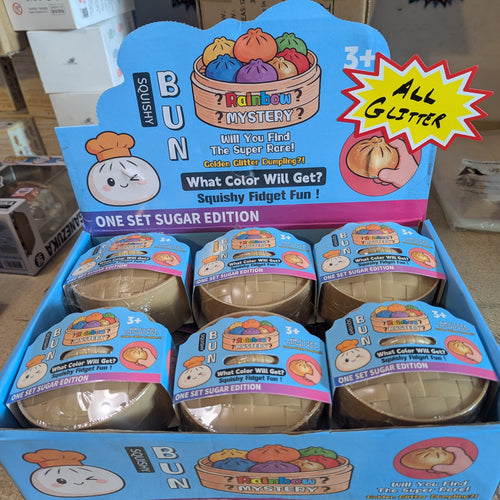 All Glitter Squishy Bun Mystery Dumplings with sparkly glitter and soft texture for sensory fun