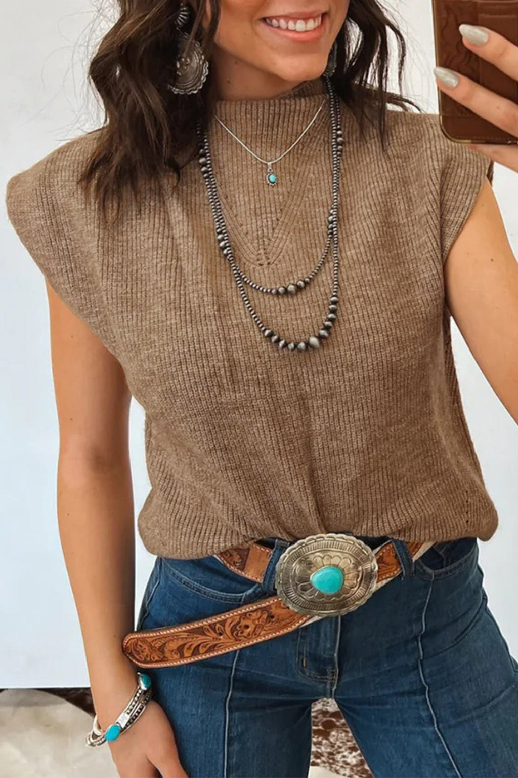 Light French Beige ribbed knit mock neck sleeveless sweater vest with loose fit