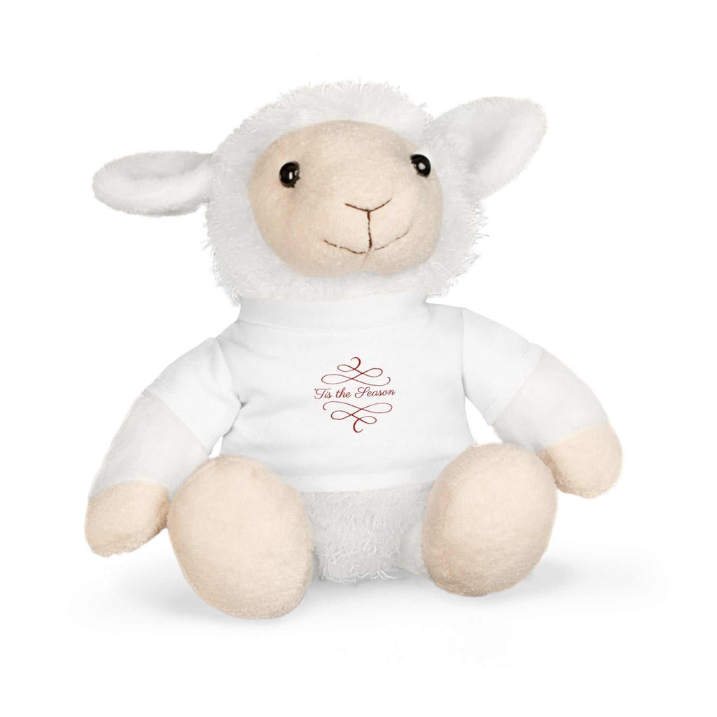 White plush sheep toy wearing white holiday T-shirt with "Tis the Season" text