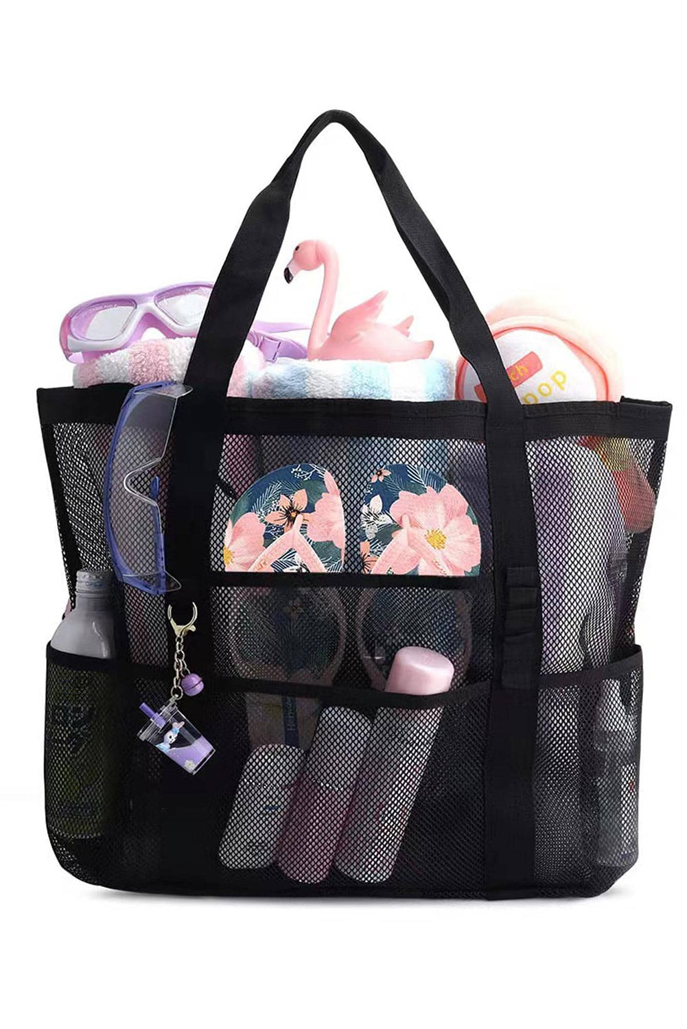 Black multi-pocket large mesh tote bag with sturdy handles for beach day essentials