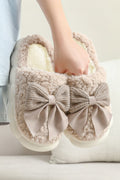 Camel contrast bowknot plush winter slippers with thick sole for cozy comfort