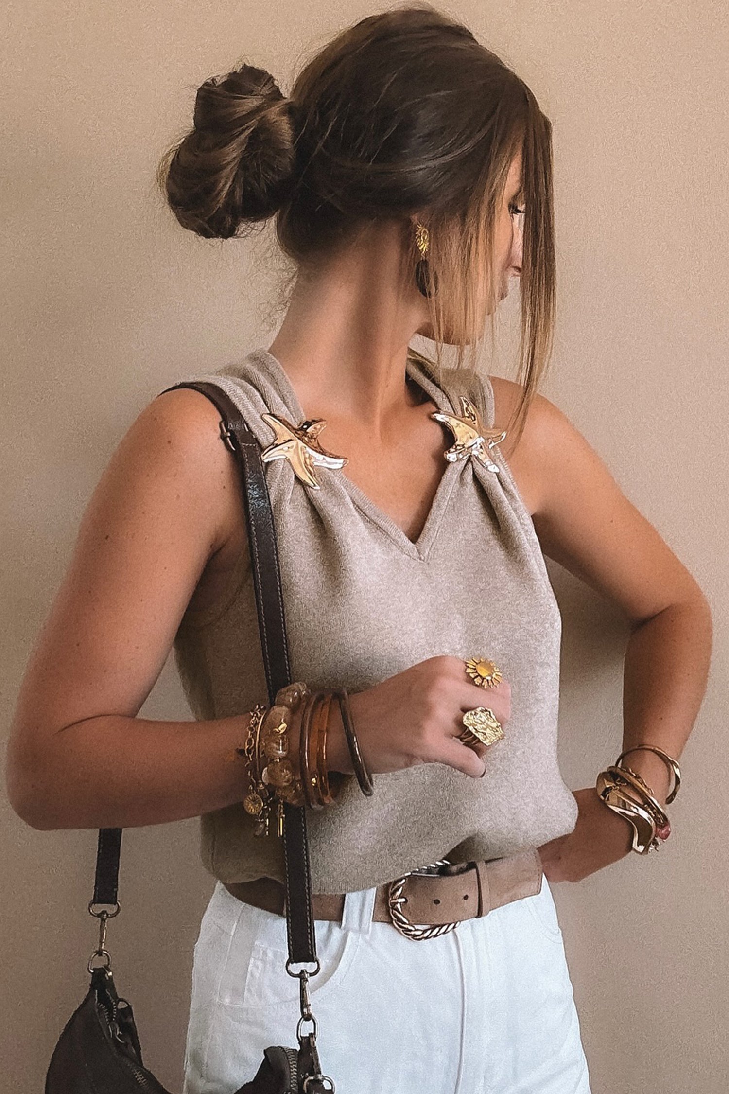 Gray Morn sleeveless knit tank top with metallic star details and V-neck design