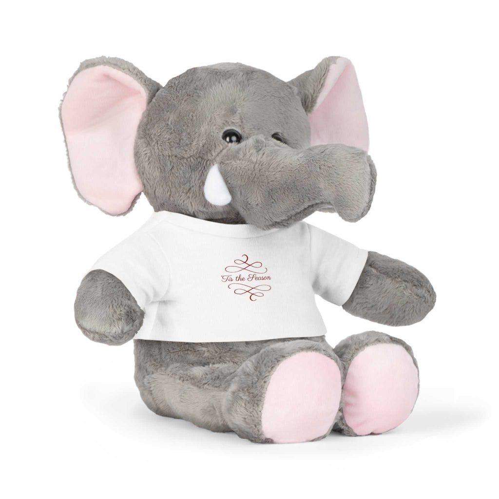Gray plush elephant toy wearing white "Tis the Season" holiday T-shirt