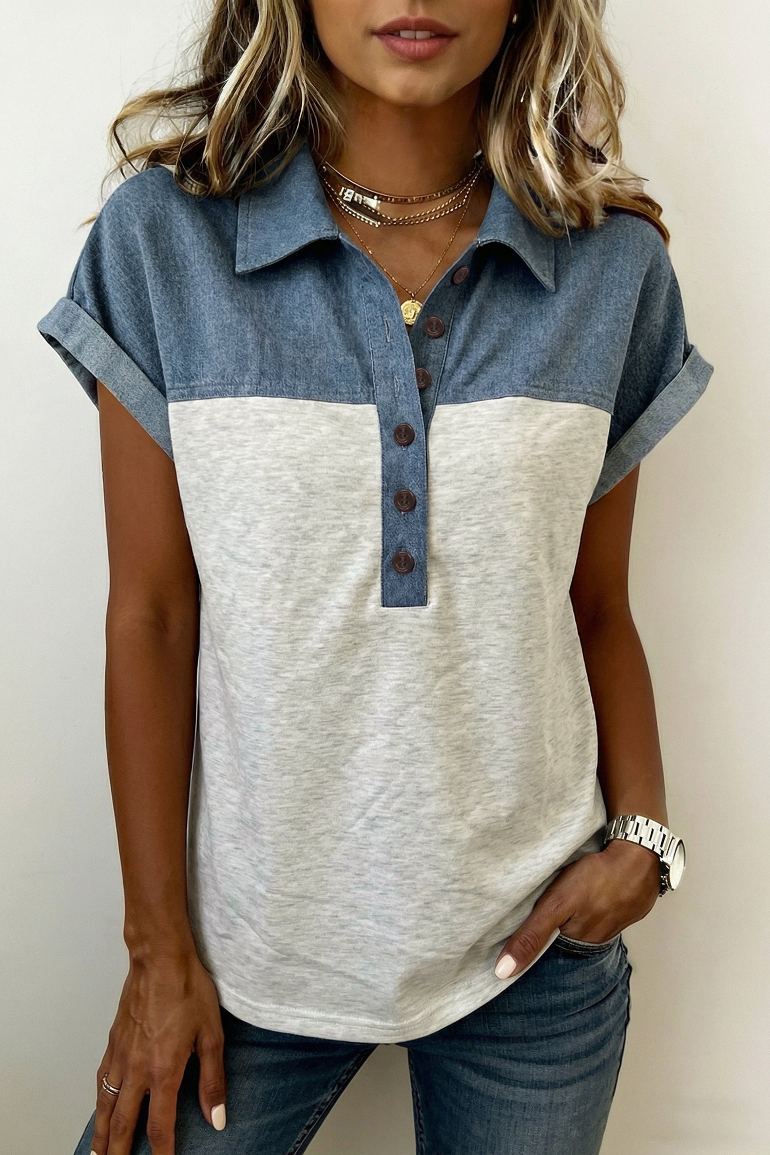 Light grey color block denim patchwork short sleeve polo collar top
