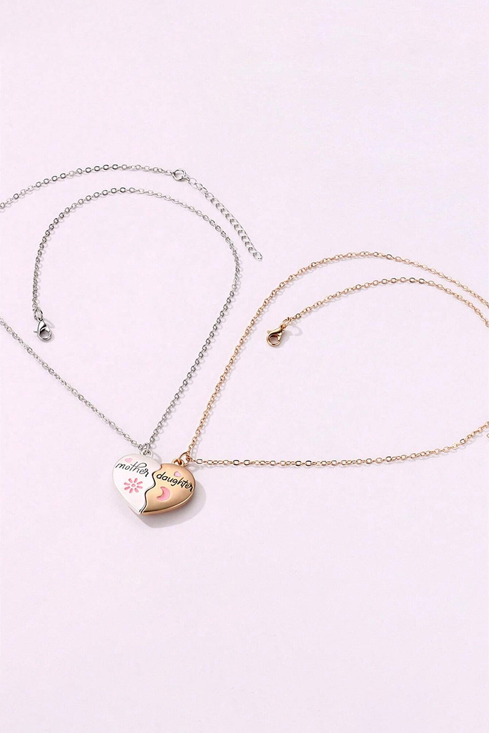 White 2pcs mother and daughter magnetic heart necklace set with adjustable chains