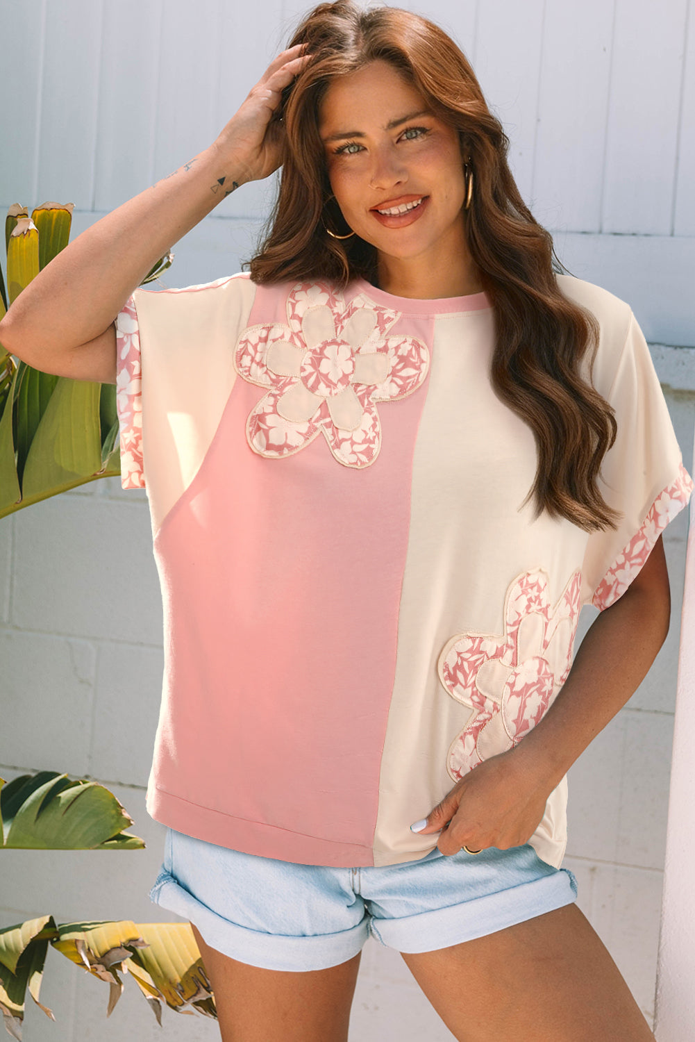 Apricot color block loose T-shirt with flower patch details and relaxed fit