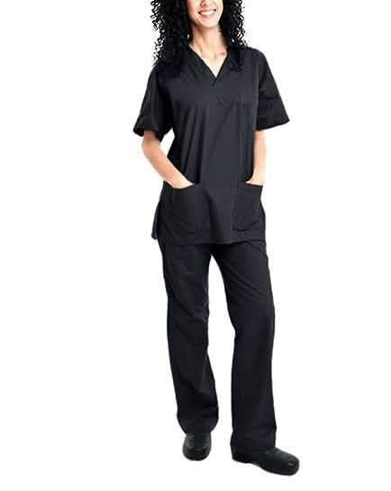 2-Piece Set: Unisex Cotton-Blend V-Neck Scrubs Top & Pants - Assorted Sizes