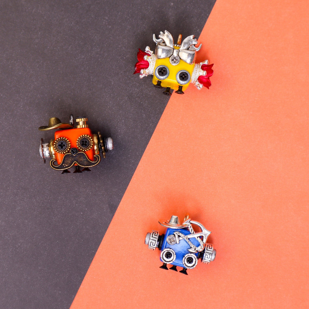 Handcrafted wooden bot necklace and keychain with unique robot designs and natural wood finish
