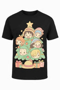 Luffy Christmas Unisex T-Shirt with cartoon characters in a Christmas tree design on black cotton fabric