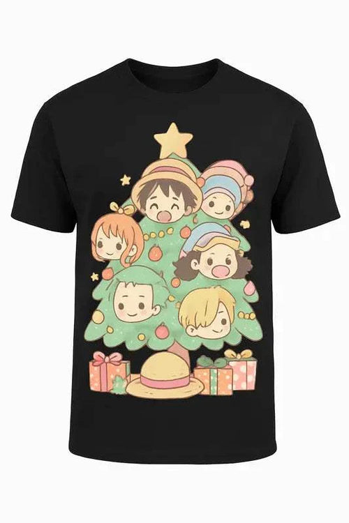 Luffy Christmas Unisex T-Shirt with cartoon characters in a Christmas tree design on black cotton fabric