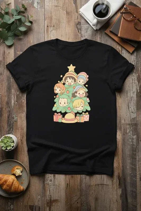 black Luffy Christmas Unisex T-Shirt with cartoon character Christmas tree design