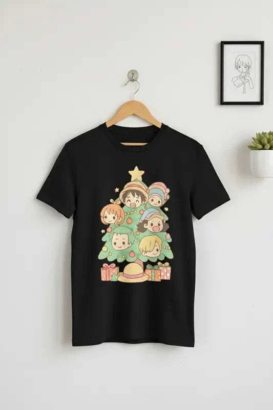 Black Luffy Christmas unisex t-shirt with cartoon characters on a Christmas tree design