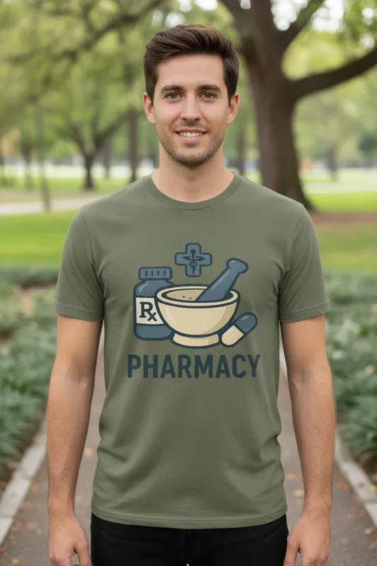 Unisex Standard T-Shirt with pharmacy graphic in olive green, cotton blend, casual fit