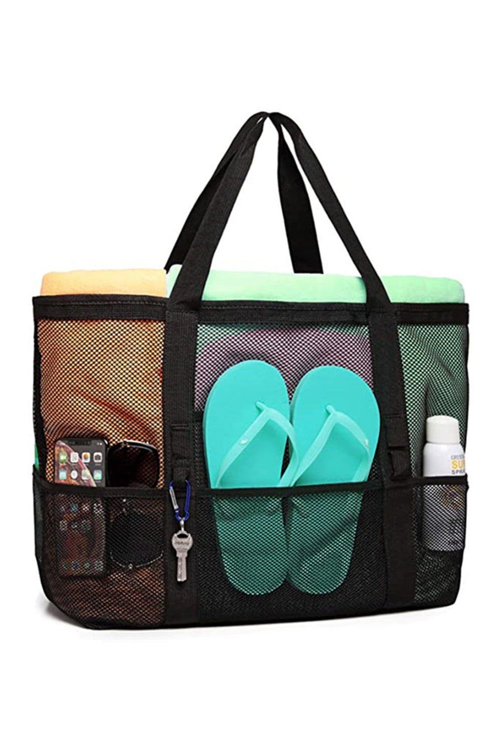 Black multi-pocket large mesh tote bag with sturdy handles and spacious design for beach essentials
