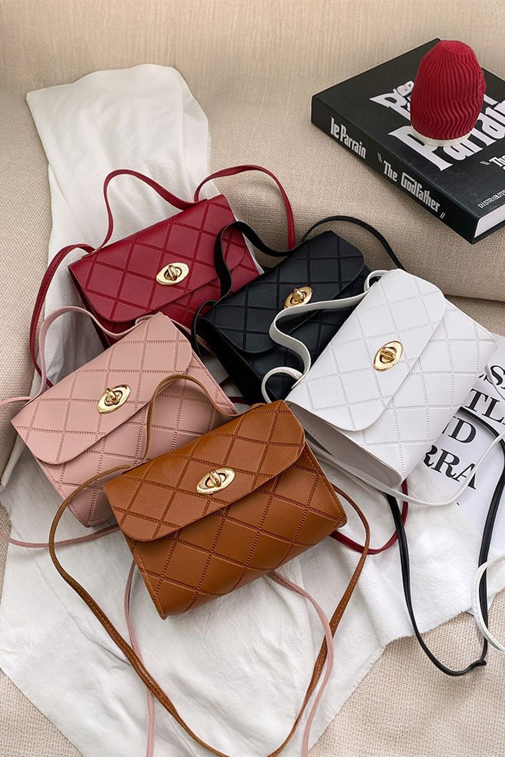 Breen PU leather diamond-patterned small square messenger bag with lock and ample space
