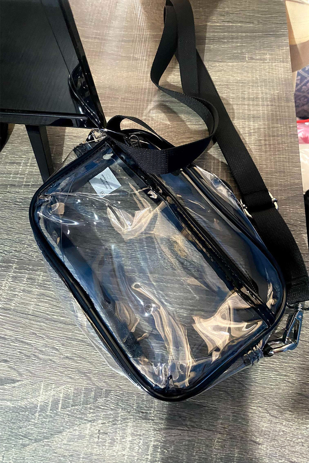Gray multi-pocket clear shoulder bag with contrast edges and detachable strap