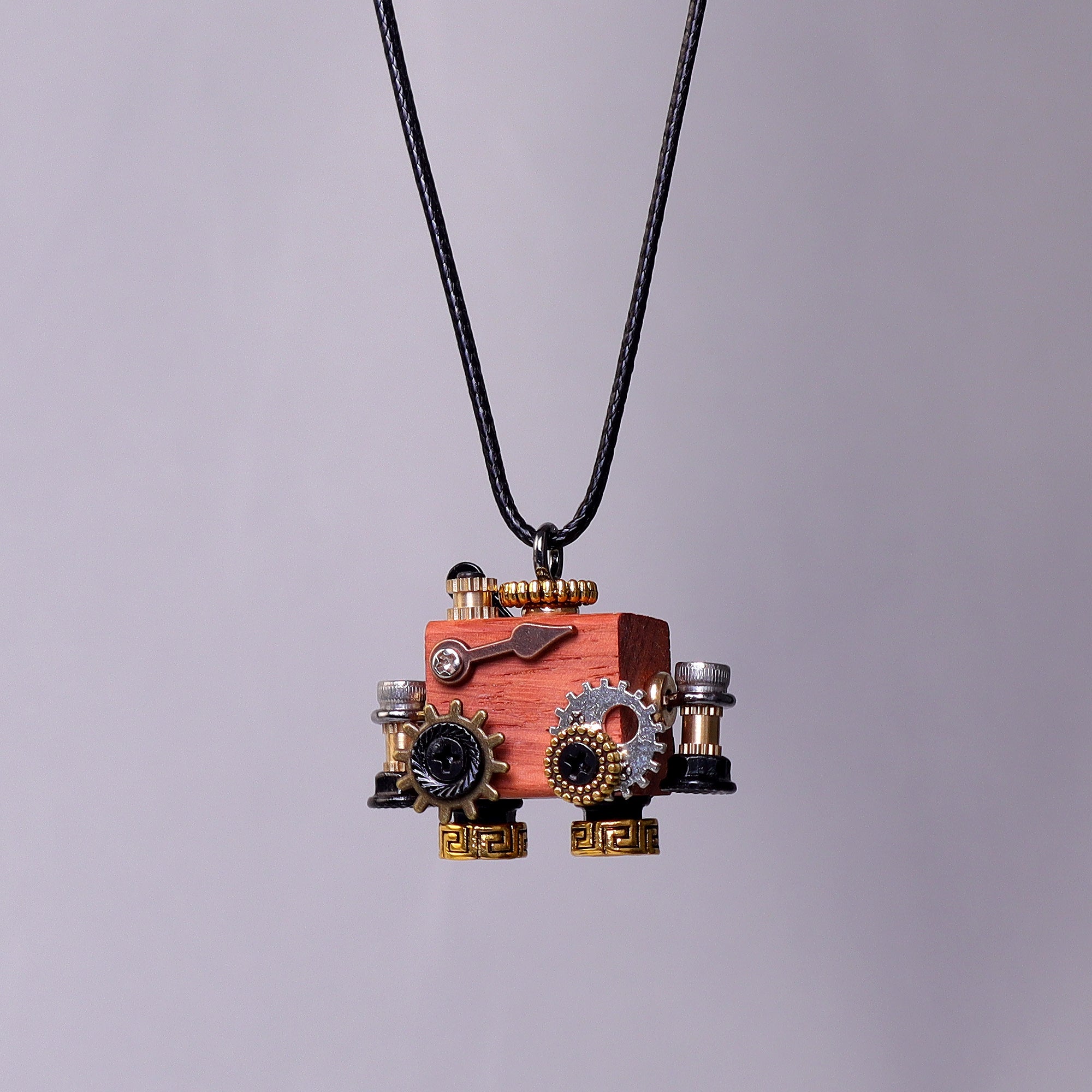 Handcrafted Wooden Bot necklace, keychain, and mini decor with unique wooden robot design