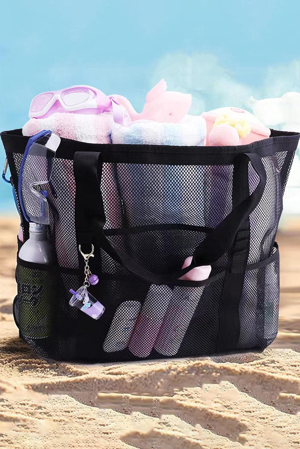 Black large mesh tote bag with multiple pockets and sturdy handles for beach day essentials