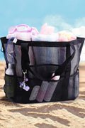 Black large mesh tote bag with multiple pockets and sturdy handles for beach day essentials