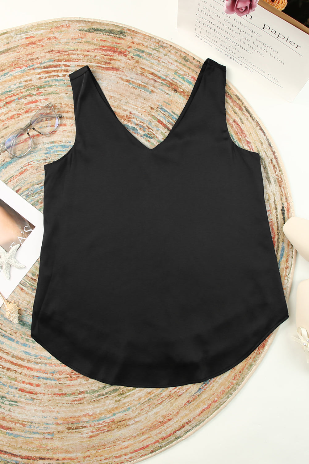 Pink deep V neck loose tank top with sleeveless design and relaxed fit
