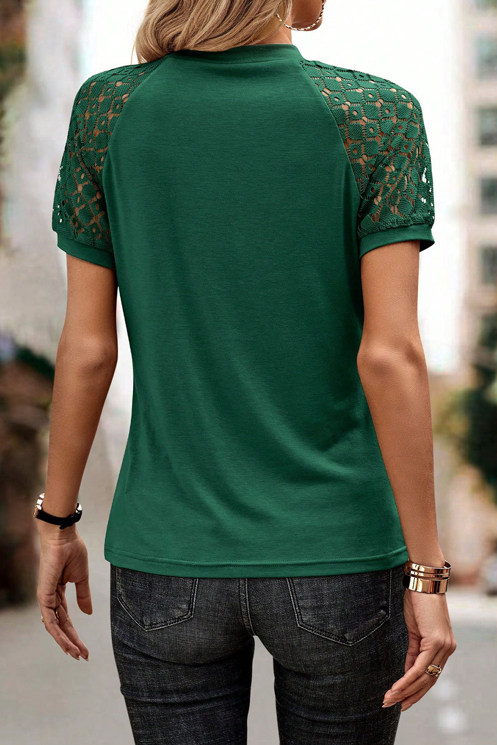 Navy blue raglan sleeve tee with seamed detail and contrast lace