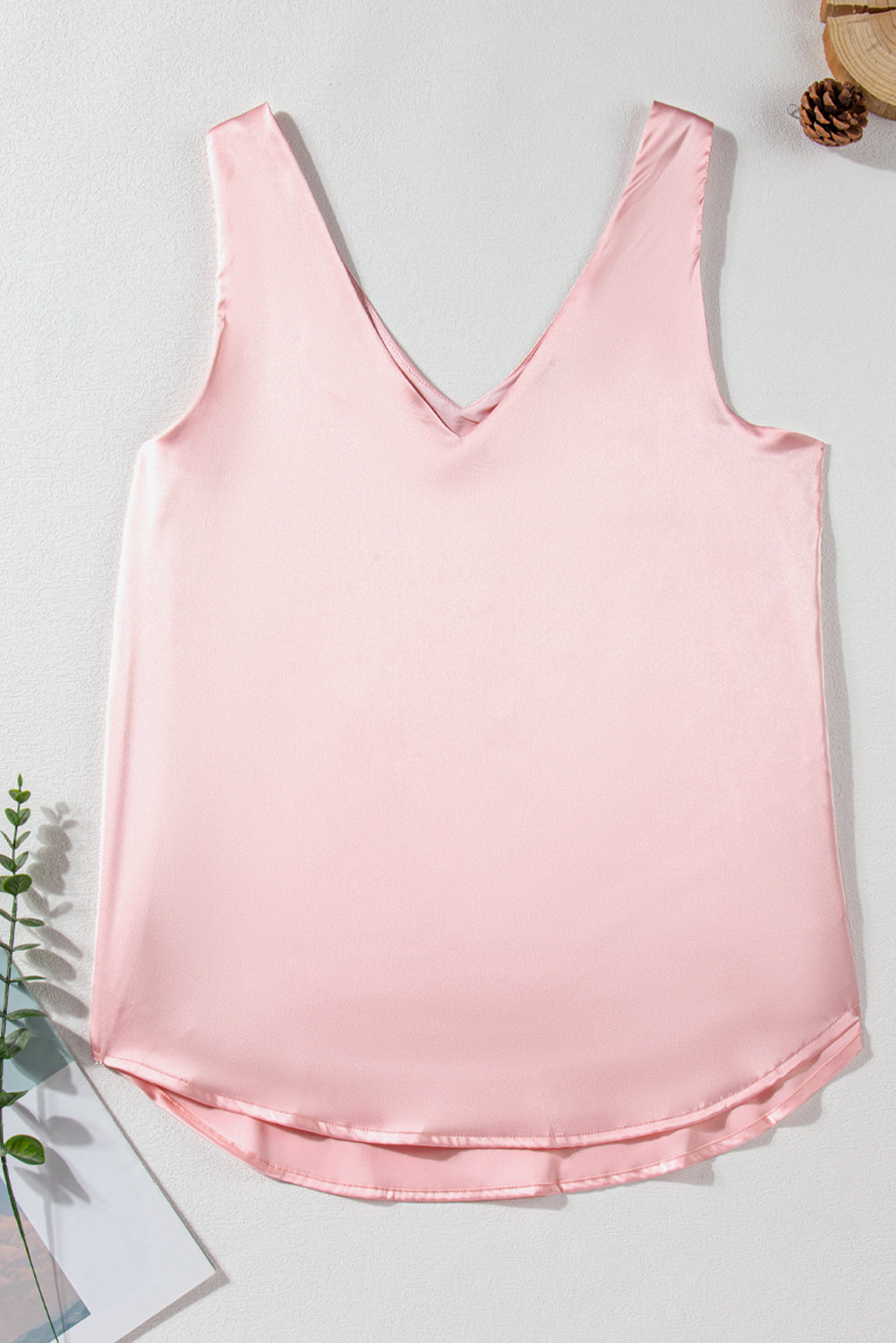 Pink deep V neck loose tank top with sleeveless design and summer style