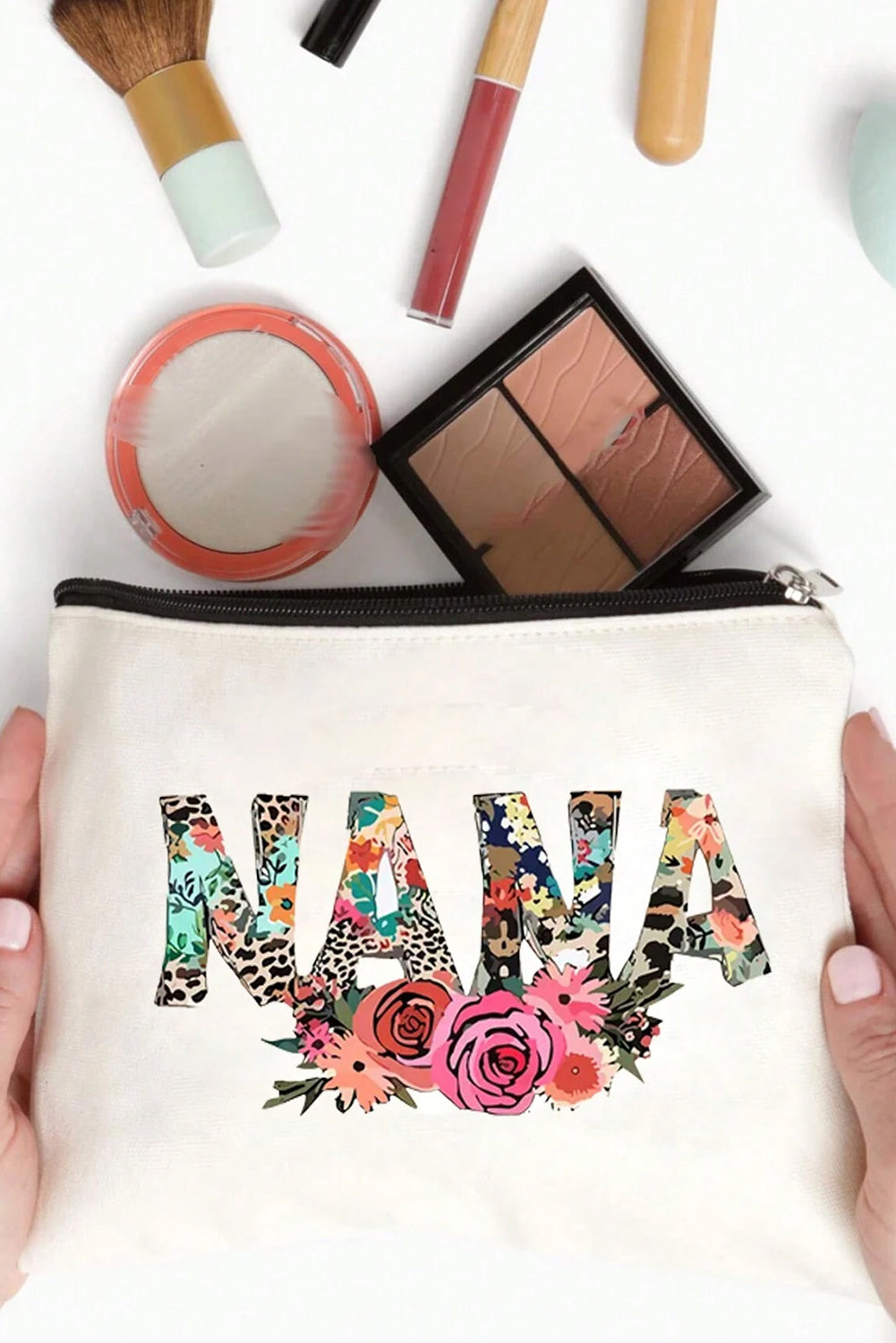 White TEACHER graphic print zipper cosmetic bag with compact durable canvas design