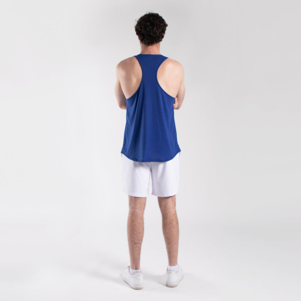 Men's racerback tank top in white, lightweight and comfortable for gym workouts