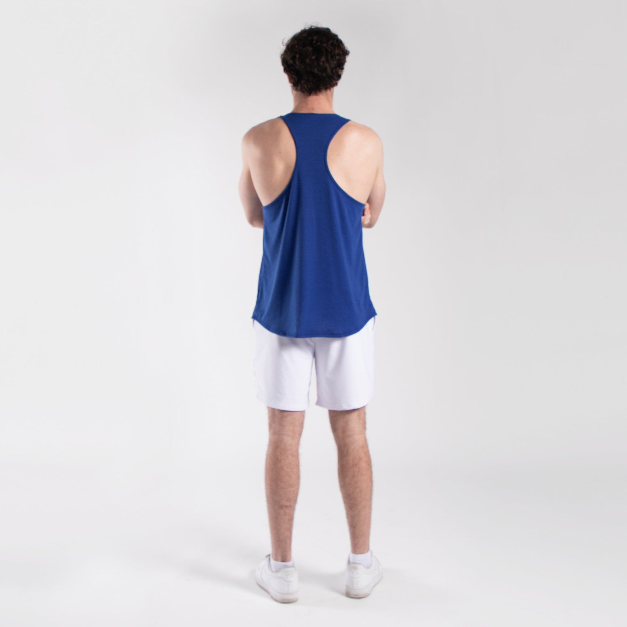 Men's racerback tank top in white, lightweight and comfortable for gym workouts