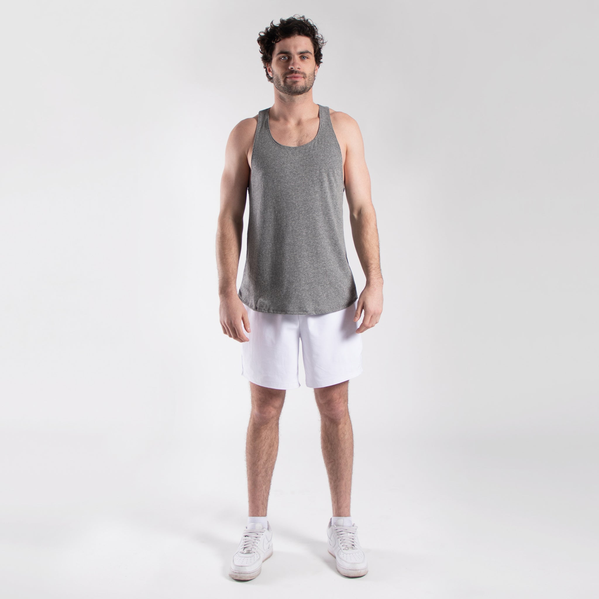 men's racerback tank top front and back view in gray color for gym and workout