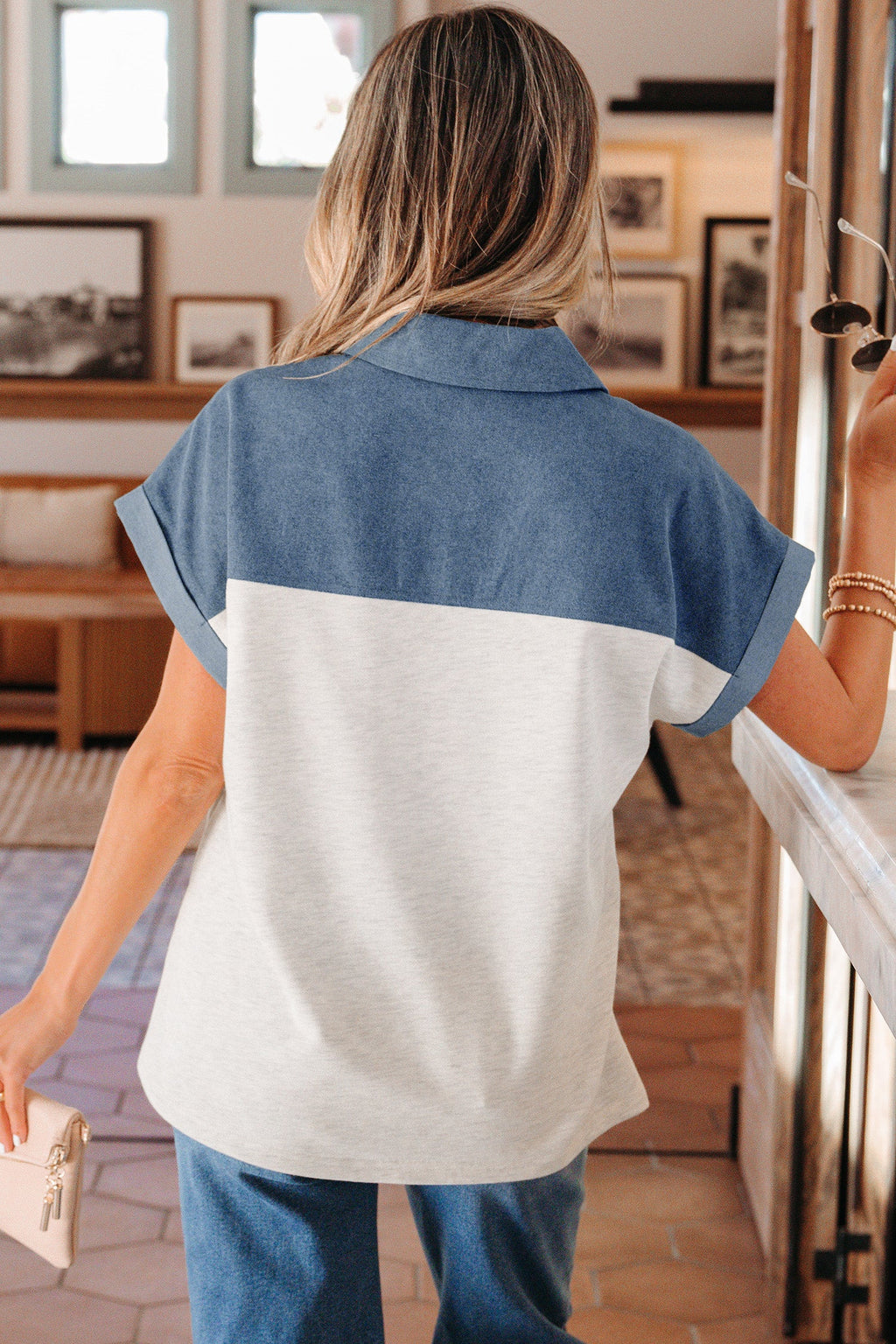 Light grey color block denim patchwork button polo collar short sleeve top