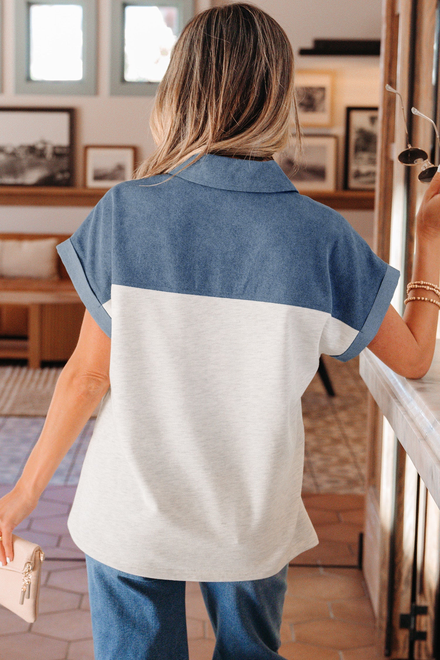 Light grey color block denim patchwork button polo collar short sleeve top