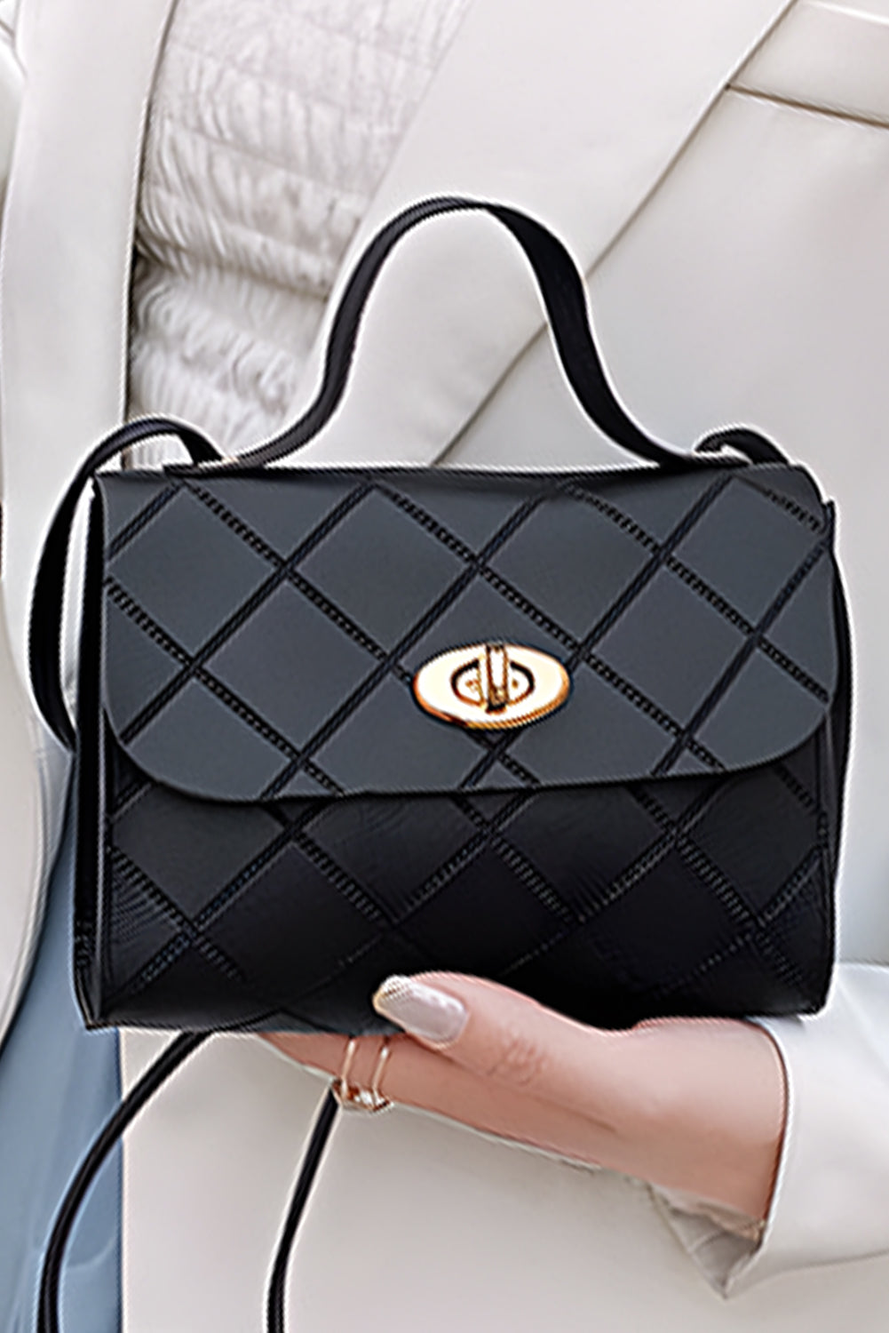 Breen PU leather messenger bag with diamond pattern and lock mechanism in small square shape