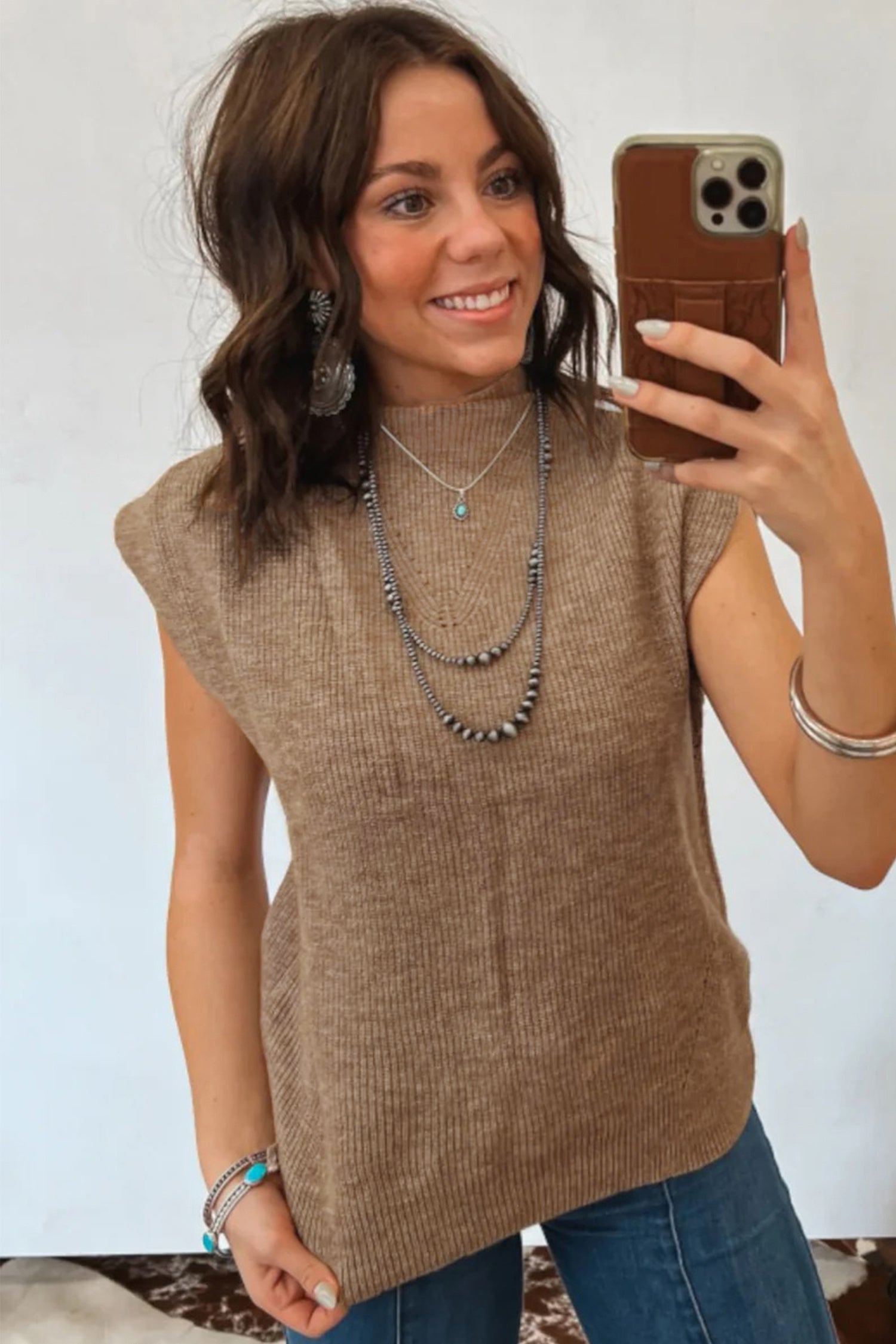 Light French Beige ribbed knit sleeveless mock neck sweater vest