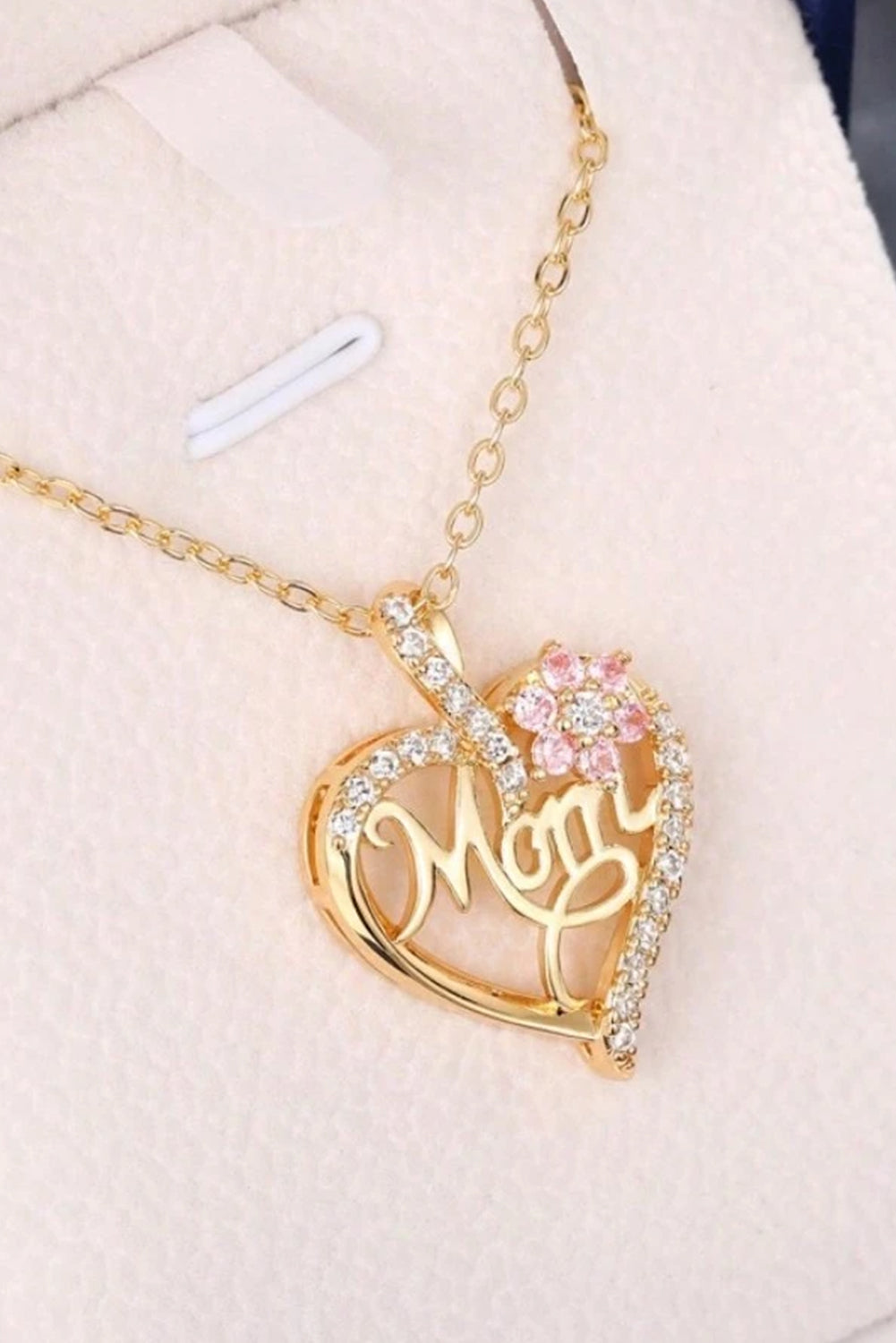 Gold Mom Rhinestone flower necklace with hollow-out heart design